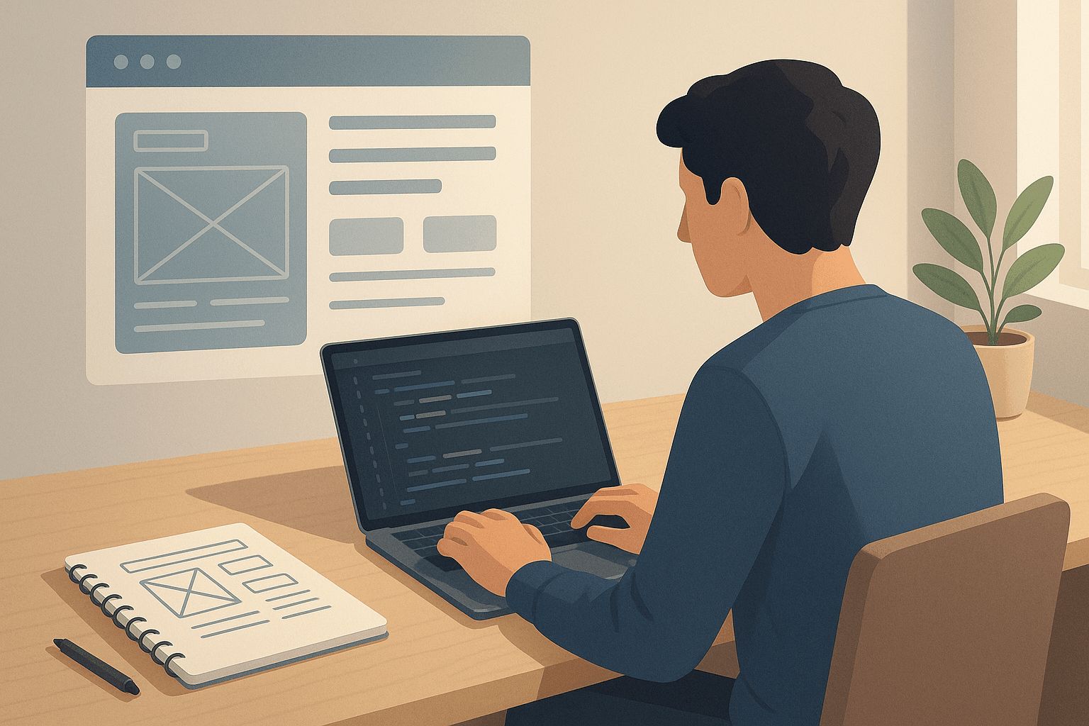 Начинающий frontend-разработчик работает над кодом веб-интерфейса